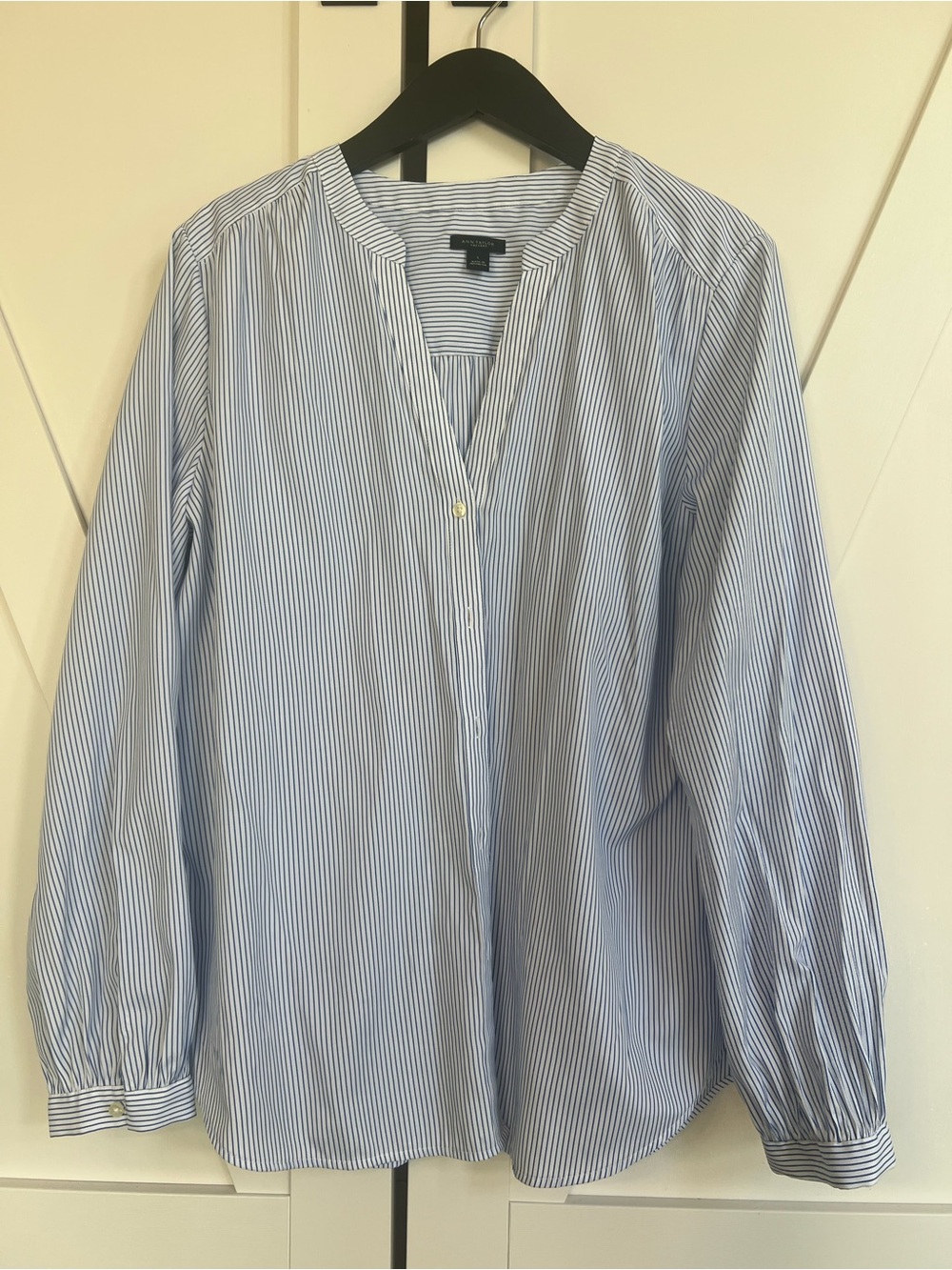 Ann Taylor Factory Navy and White Striped Collarless Blouse